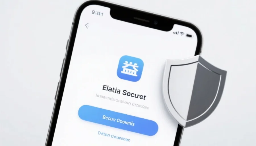 一部现代智能手机屏幕上显示大众应用的安全下载界面，旁边有安全盾牌图标，背景简洁