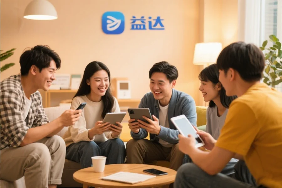 一群年轻用户围坐在一起，使用平板和手机愉快地交流，背景温馨现代，象征大众应用的社区活跃氛围